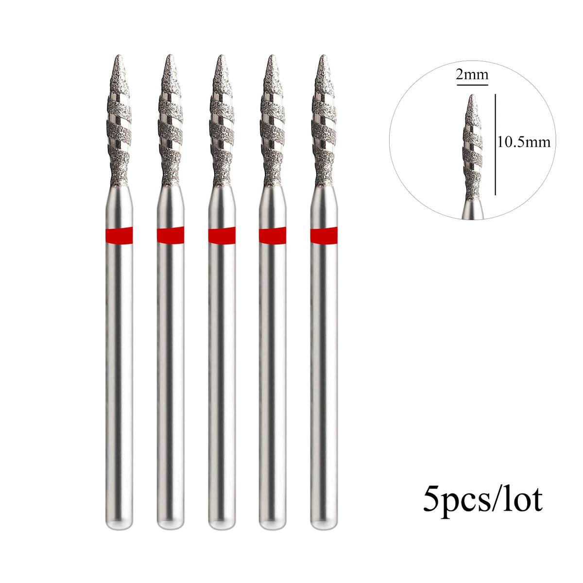 A set of five diamond nail drill bits with varying sizes and a 2mm diameter scale.