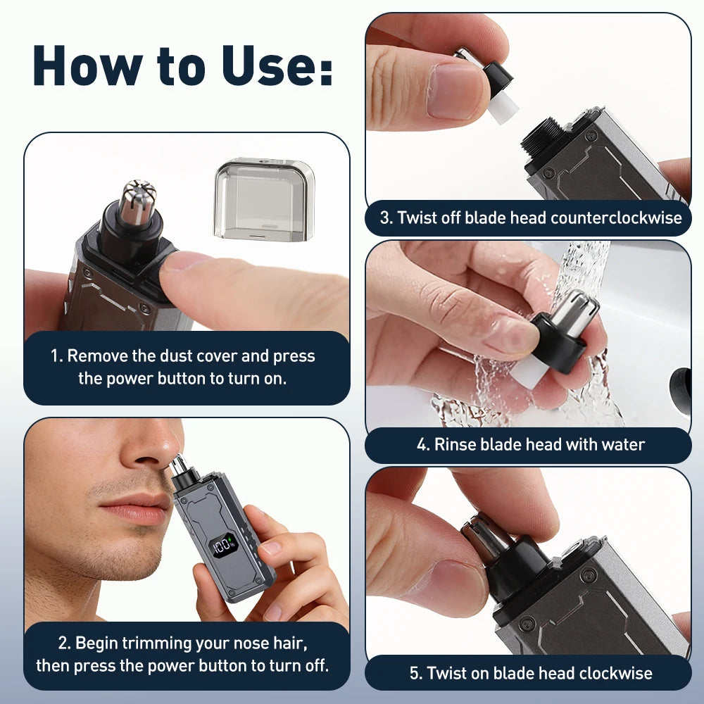 Instructions for using a portable electric nose hair trimmer, showing steps like removing the dust cover and twisting the bla