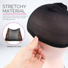 A black stretchy material wig cap is shown on a mannequin head, demonstrating its soft and elastic properties.