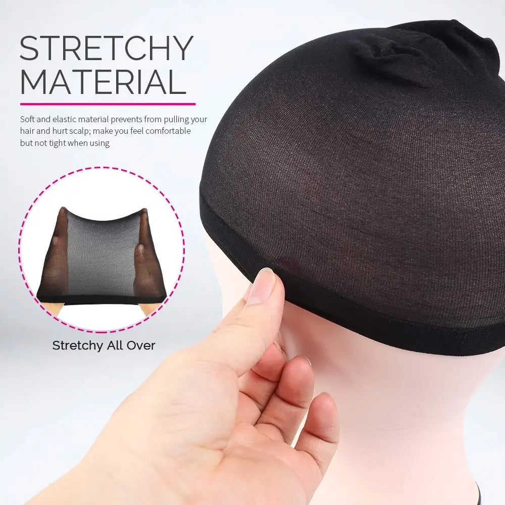 A black stretchy material wig cap is shown on a mannequin head, demonstrating its soft and elastic properties.