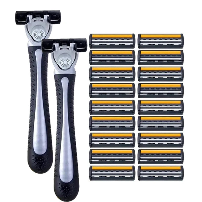 Stainless steel safety razor with replaceable triple-blade head and multiple blade cartridges