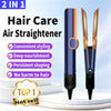 A pair of purple and black hair straighteners shown with text highlighting convenient styling, deep nourishment, persistent s