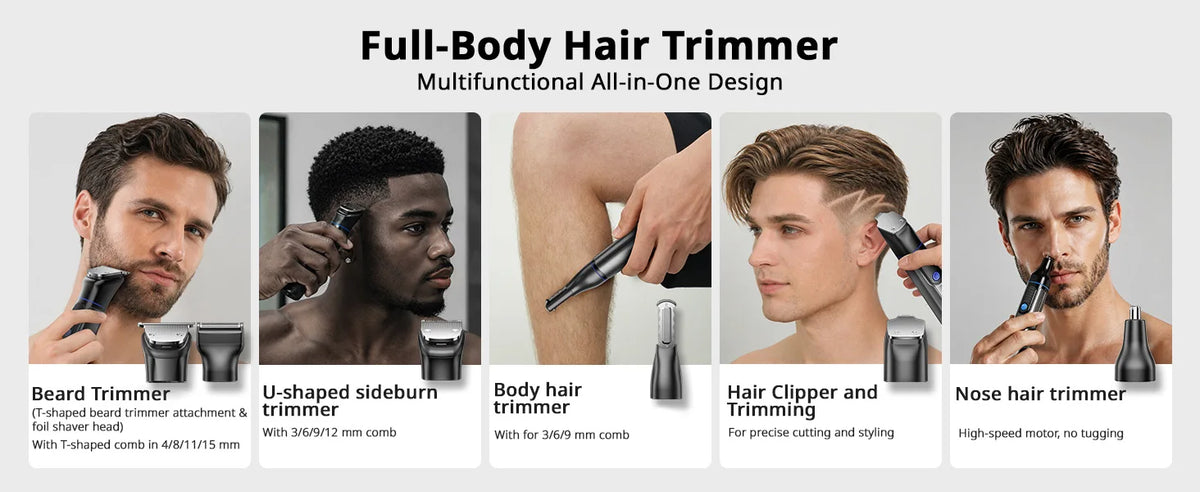 A collection of grooming tools including a beard trimmer, U-shaped sideburn trimmer, body hair trimmer, hair clipper, and nos