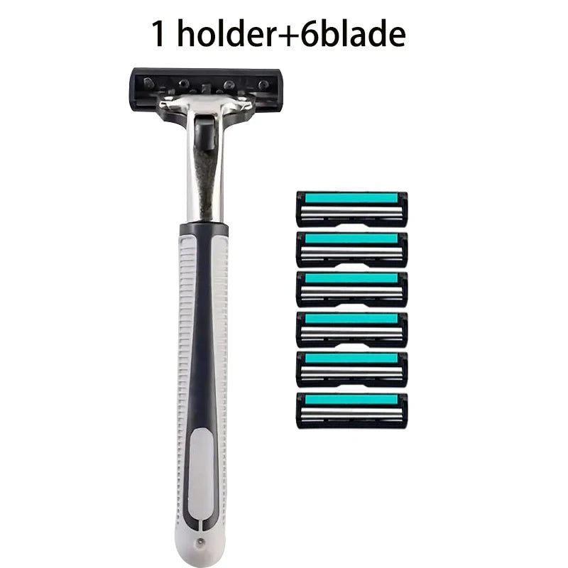 A silver double blade replaceable shaver with six black and teal blades attached.