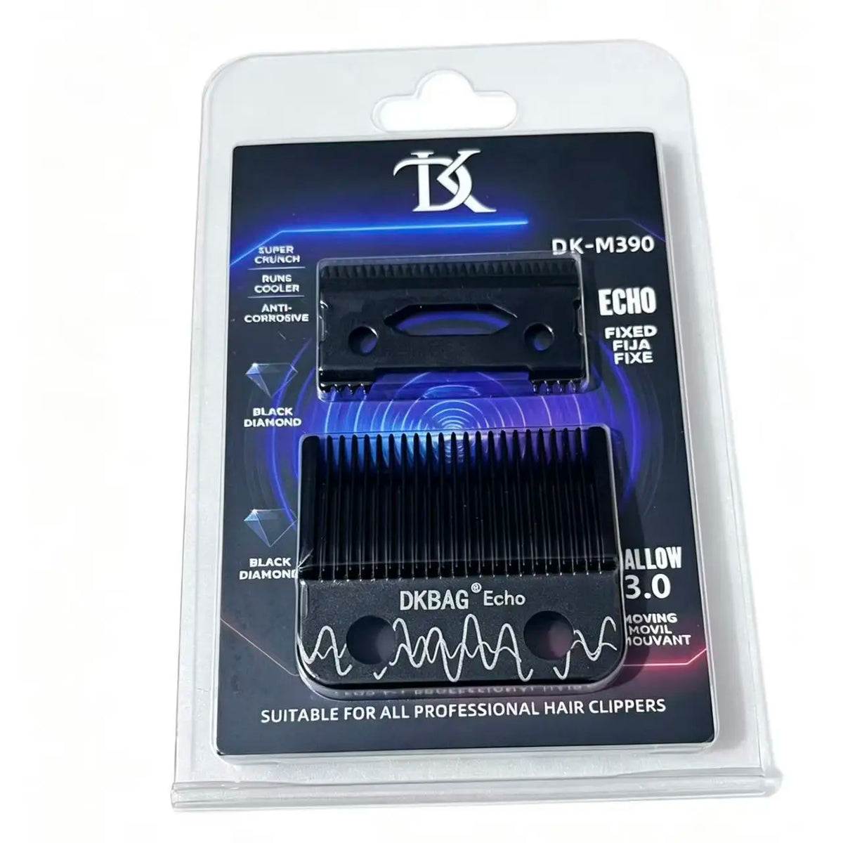 A package containing a DK-M390 Echo fixed hair clipper blade set for professional hair clippers.
