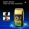 A gold and black Kemei body wash two-in-one shaver is shown with swirling blue light effects.