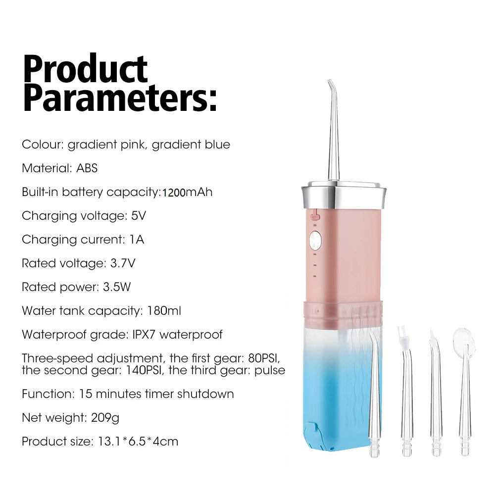 A pink and blue mini cordless water flosser oral irrigator with various tips shown.