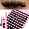 Un plateau en plastique rose rempli de cils de faux-cils noirs naturels individuels et une paire de pinces.