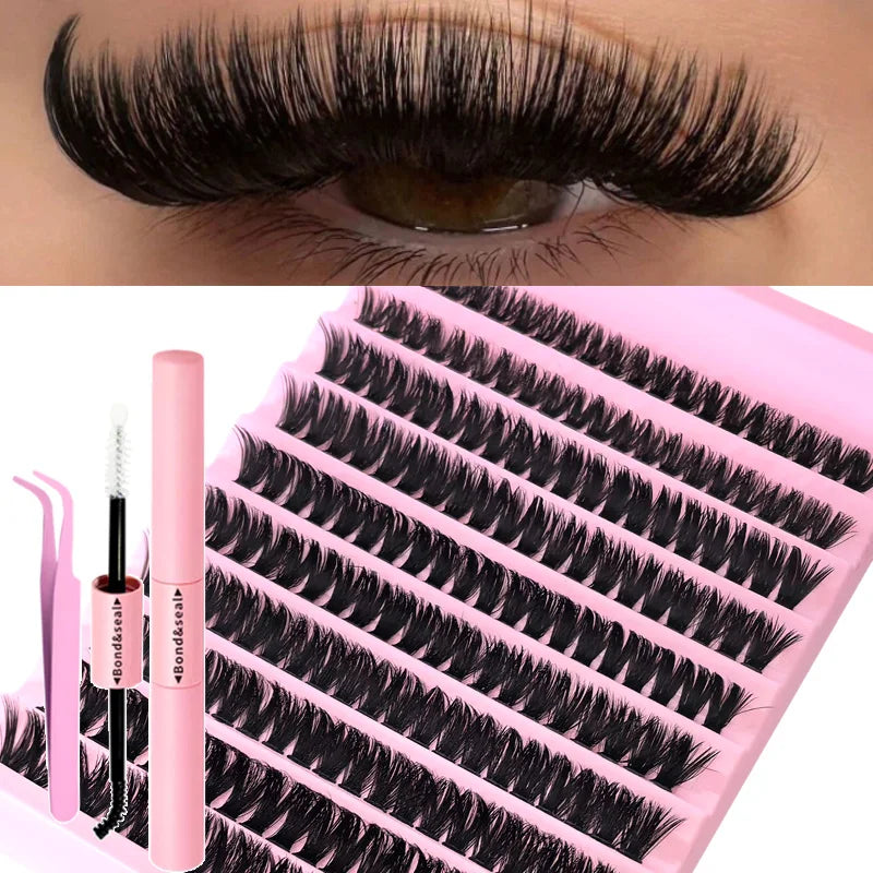 Un plateau en plastique rose rempli de cils de faux-cils noirs naturels individuels et une paire de pinces.