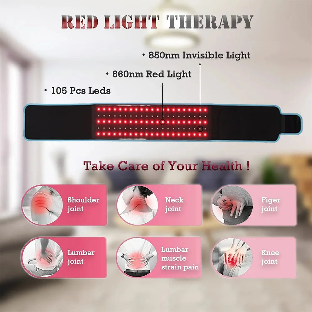A black LED therapy belt emits 850nm invisible light and 660nm red light for pain relief on joints.