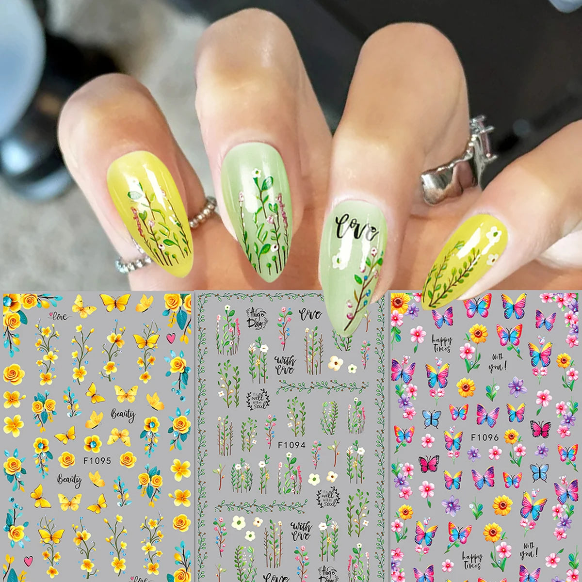 A hand displays various floral and butterfly nail stickers in yellow, green, and pink shades for DIY decoration.