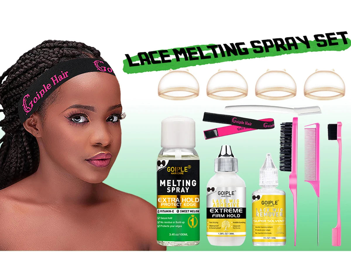Kit de spray pour faire fondre la colle pour cheveux, comprenant diverses bouteilles et outils.