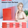 A red light therapy panel is shown next to a woman, demonstrating the distance from the panel for skin and pain relief treatm