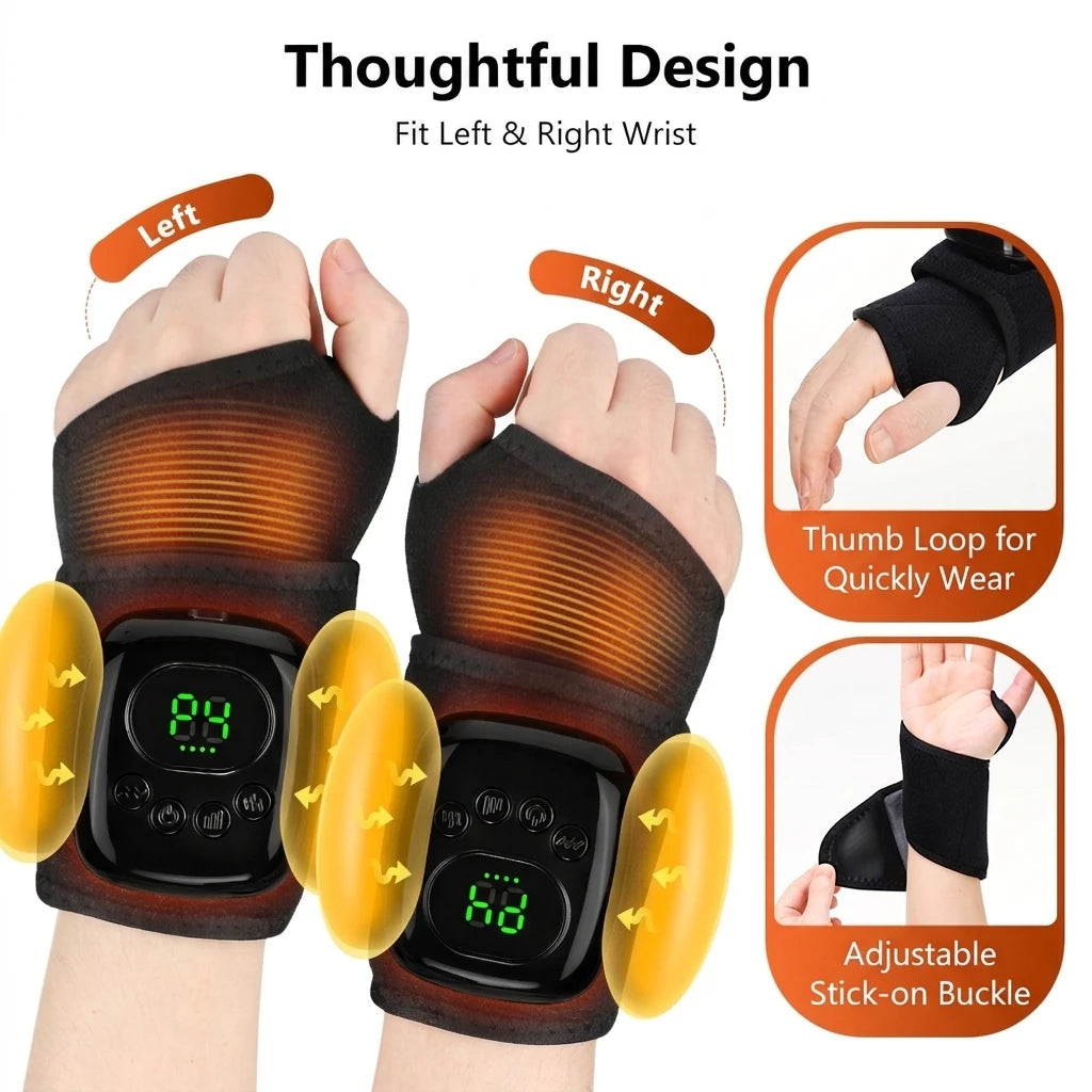 A pair of black wrist massagers designed to fit left and right wrists, featuring a thumb loop and an adjustable stick-on buck