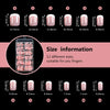 A display showing 12 different sizes of nude pink press-on nails with white French tips, labeled numerically.