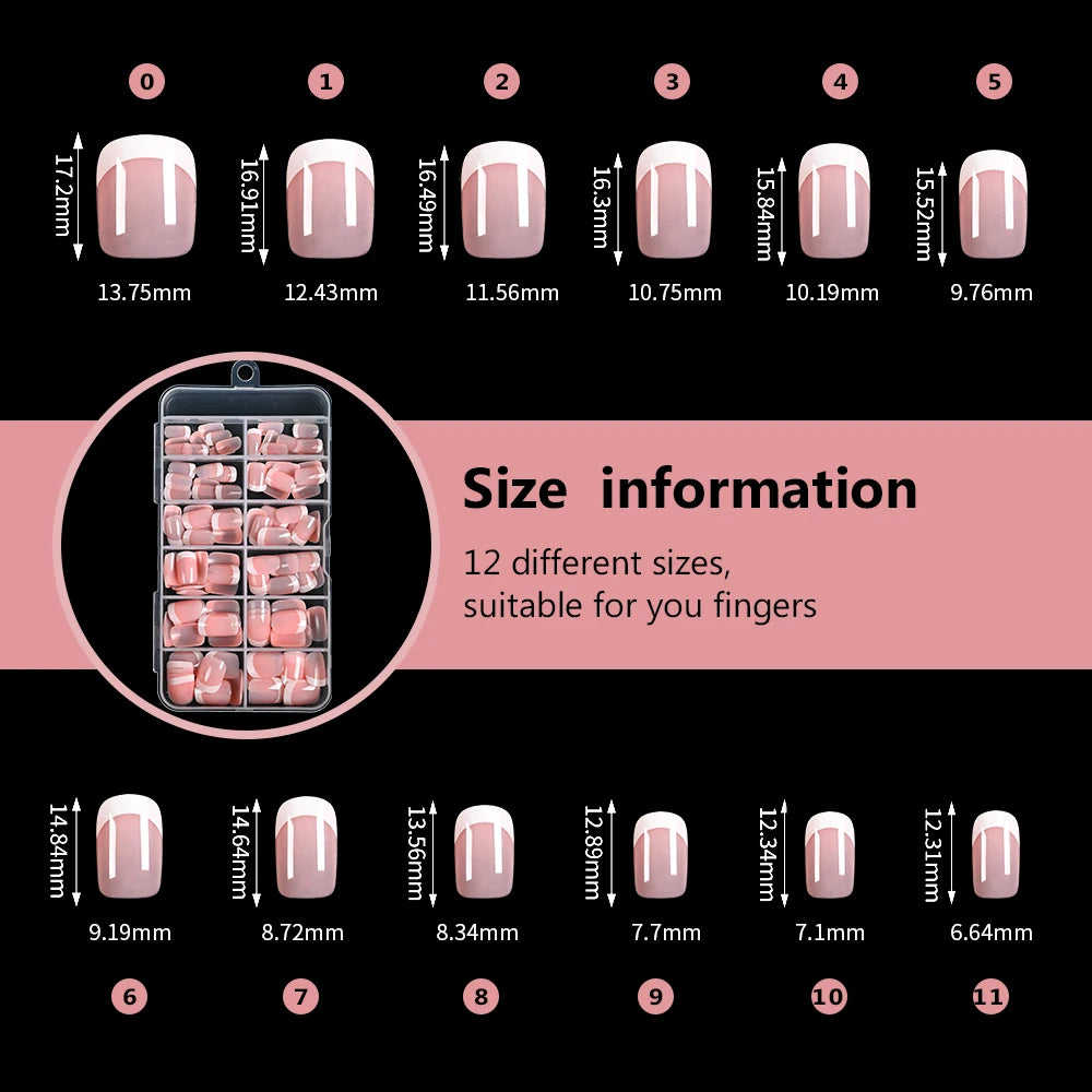 A display showing 12 different sizes of nude pink press-on nails with white French tips, labeled numerically.