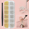 A clear plastic case holds various gold and silver stainless steel bead nail art decorations, with some beads scattered nearb