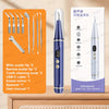 A vertical shot of a blue ultrasonic dental scaler device with various tips and accessories displayed next to the main unit.