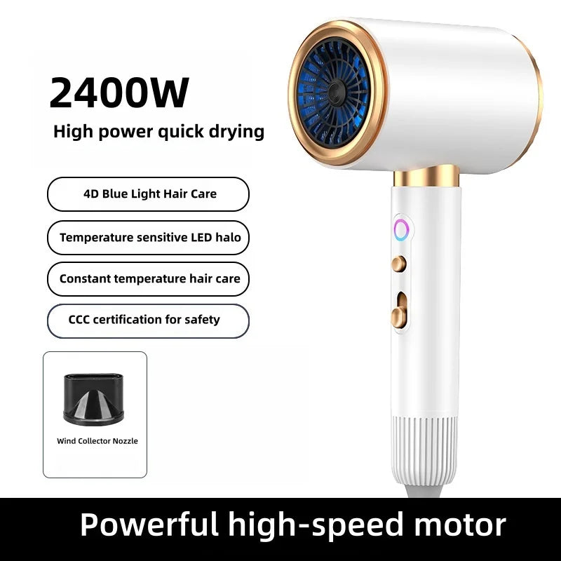 A white professional high-speed hair dryer with a gold accent and a blue light feature.