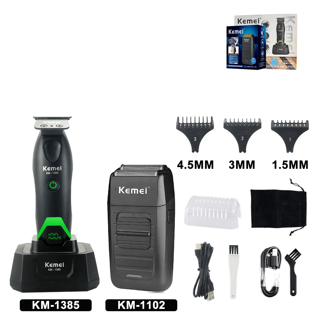 A Kemel KM-1385 electric hair trimmer and KM-1102 body groomer with various guard attachments.