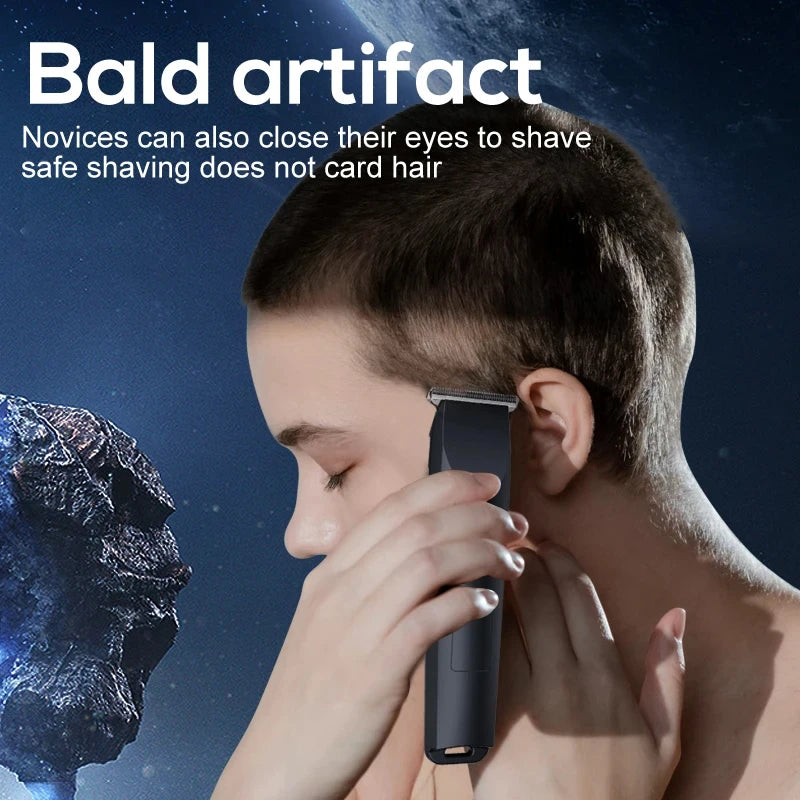 A person is using an adjustable electric hair and beard trimmer to shave card hair on their head.