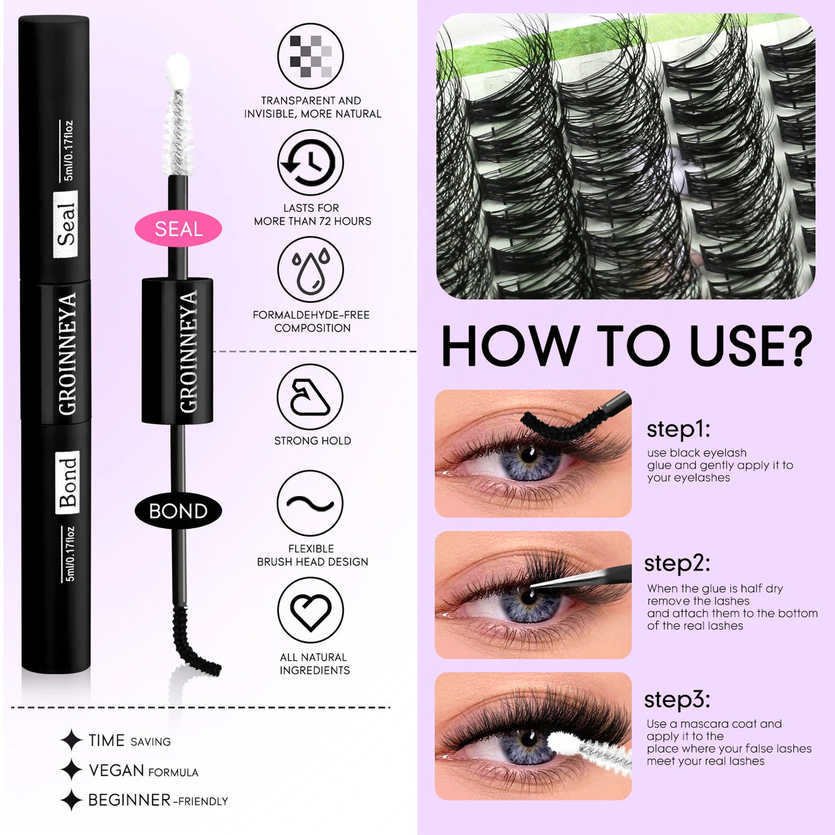 A set of Groinnya Bond lash clusters for bold extensions shown with usage instructions.