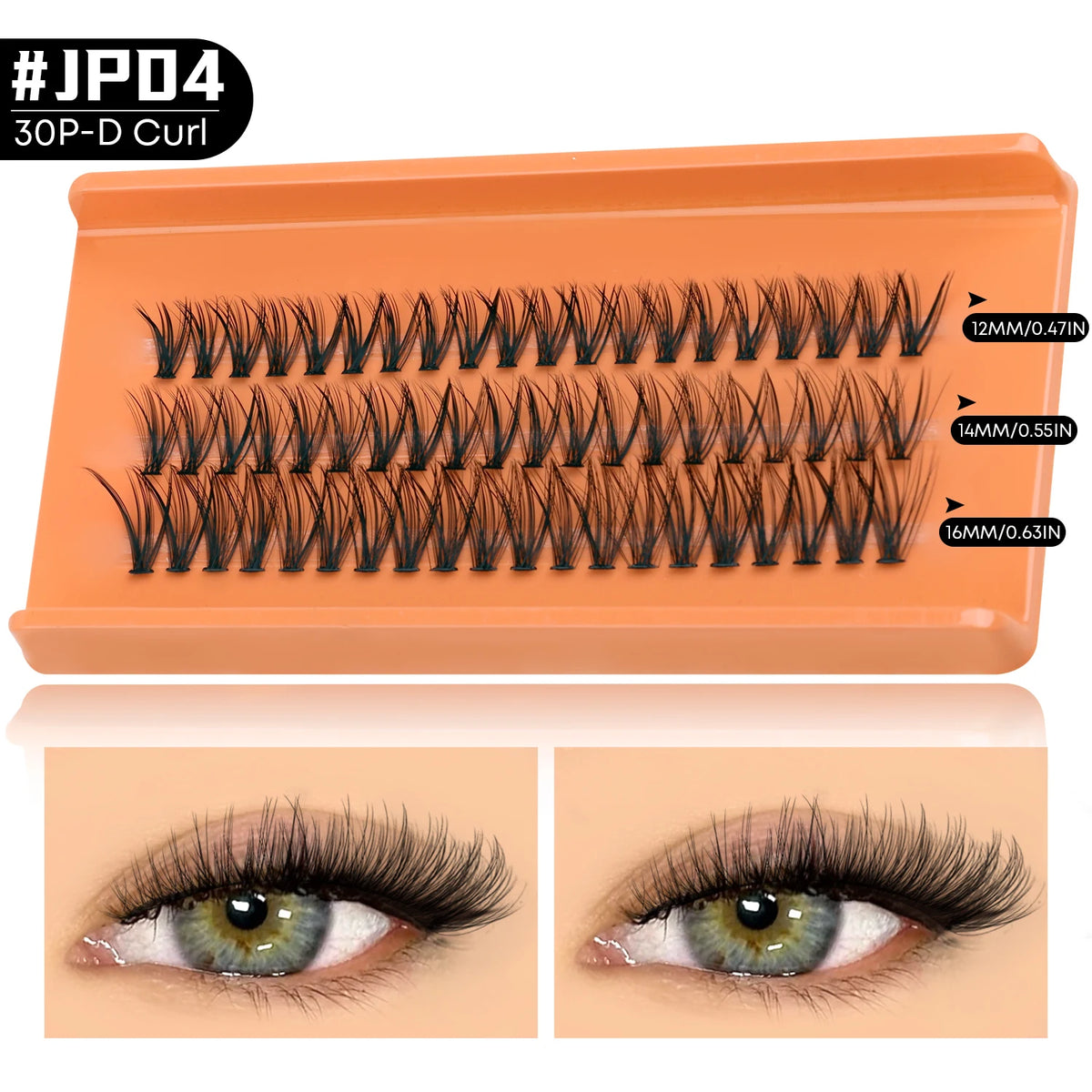Une boîte de faux cils noirs pour application DIY en grappe mélangée, montrée à côté de gros plans de cils appliqués sur un œ