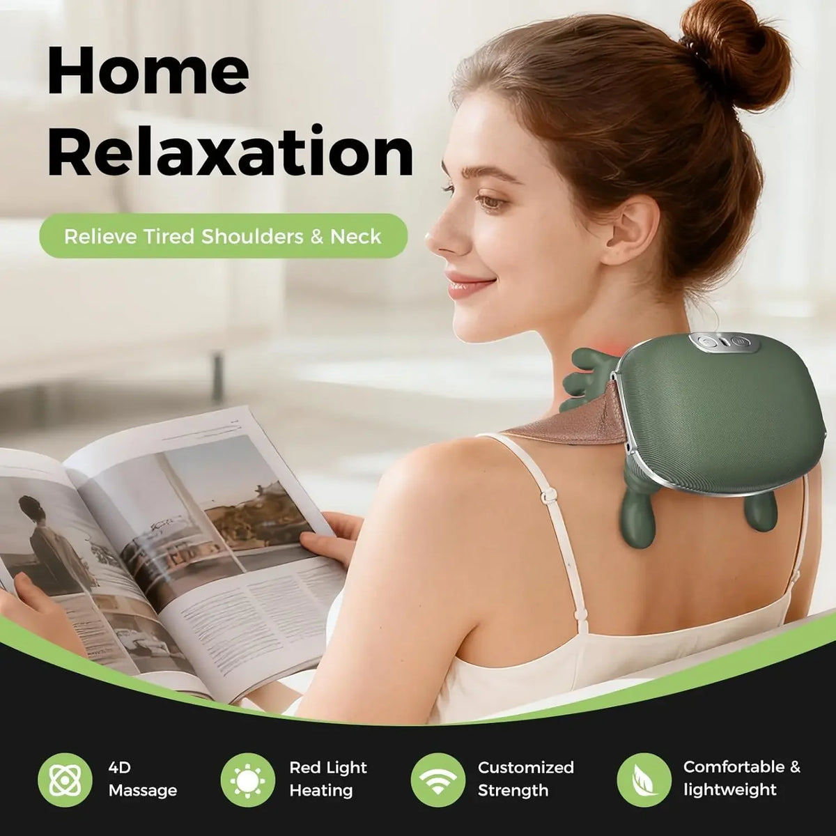 A woman is using a green electric neck and shoulder massager for relaxation.