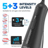 A black electric oral irrigator with multiple intensity levels and an adjustable mode selector.