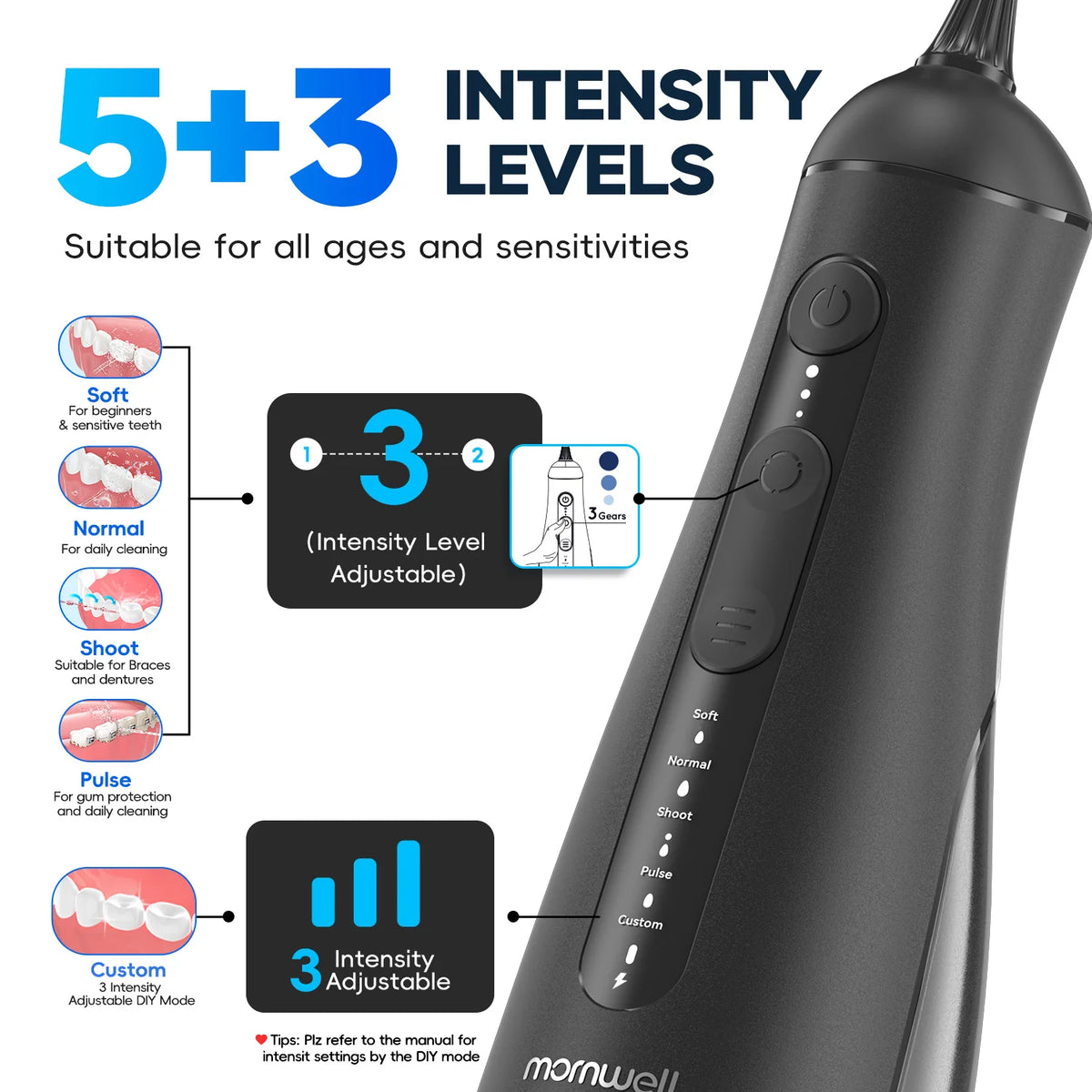 A black electric oral irrigator with multiple intensity levels and an adjustable mode selector.