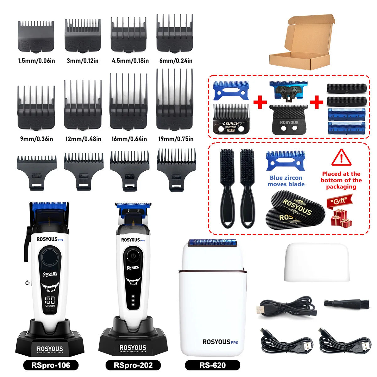 A collection of Rosyous electric hair clippers, including various sizes and accessories like combs and attachments.