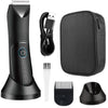 A multi-function body hair trimmer shown with its components including a cord, a protective case, and various trimming attach