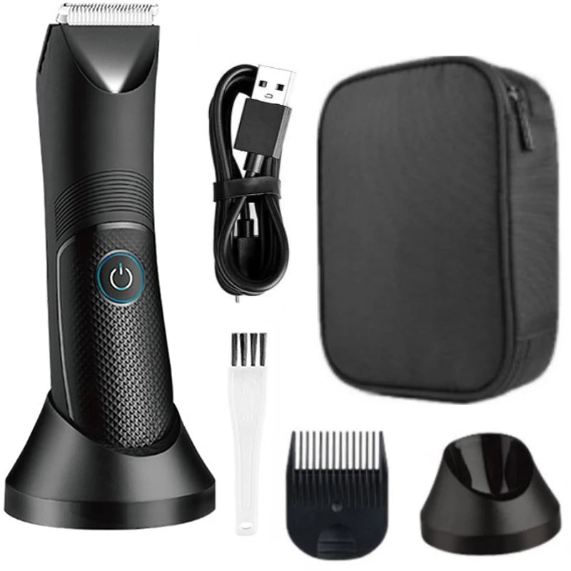 A multi-function body hair trimmer shown with its components including a cord, a protective case, and various trimming attach