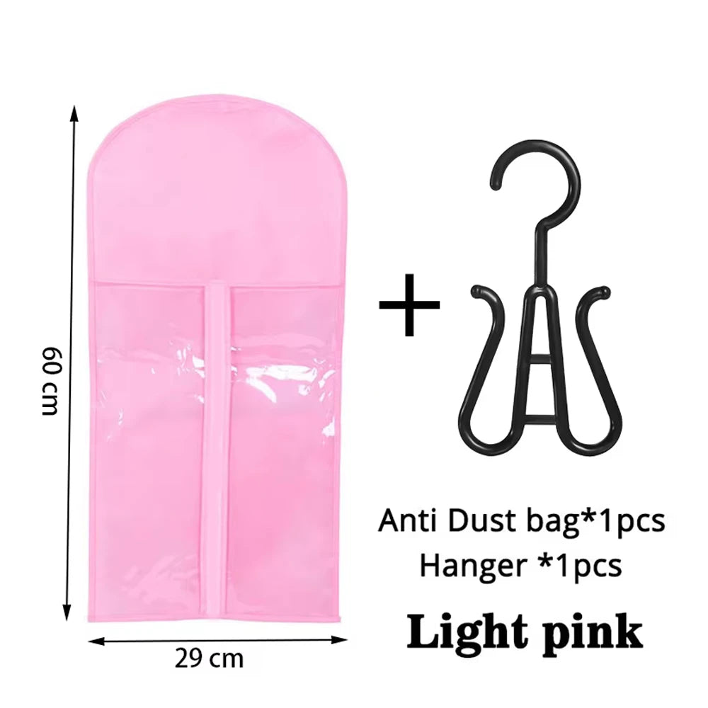Light pink anti dust bag for wig storage with a metal hanger