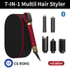 A black and red 7-in-1 multi hair styler with multiple attachments shown next to the main unit.