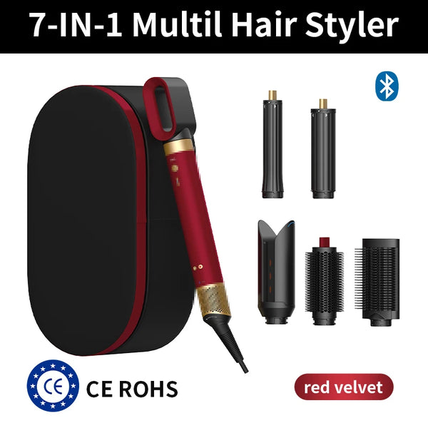 A black and red 7-in-1 multi hair styler with multiple attachments shown next to the main unit.