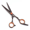 A pair of professional stainless steel hair cutting scissors with orange accents.