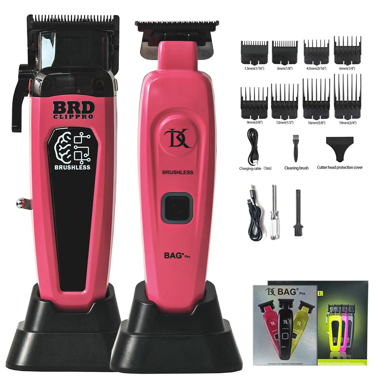 A pink brushless rotary hair trimmer kit with various attachments and accessories shown on a black base.