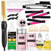 A collection of hair styling tools including a hot comb, various combs and brushes, and hair wax sticks.