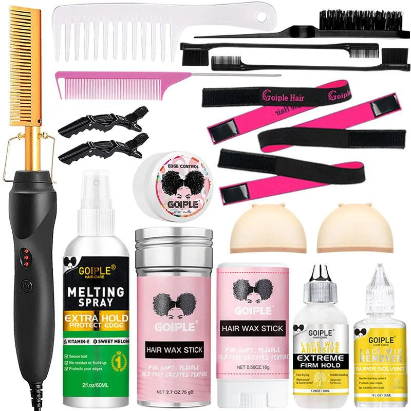 A collection of hair styling tools including a hot comb, various combs and brushes, and hair wax sticks.