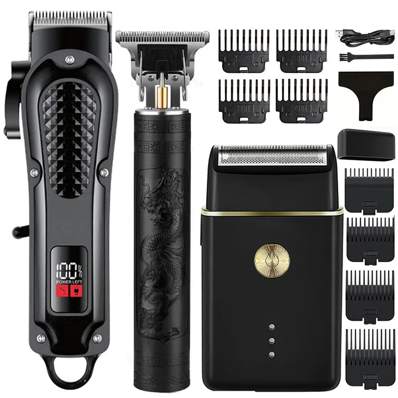 Professionische schwarze elektrische Haarschere und verschiedene austauschbare Schnittkämme.