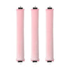 Three pink heatless hair curler curling rods standing vertically.