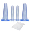 A set of four clear silicone facial cupping tubes with a white protective bag.