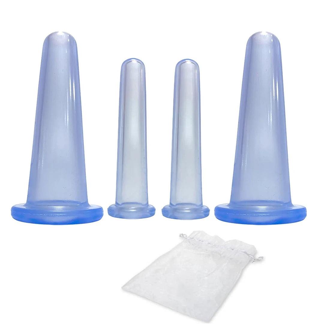 A set of four clear silicone facial cupping tubes with a white protective bag.