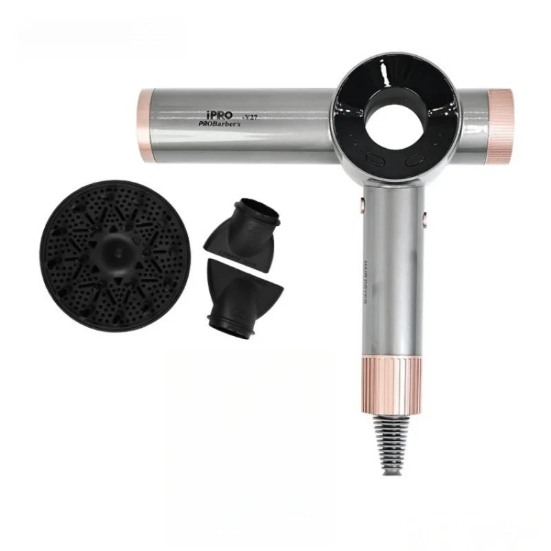 A professional salon hair dryer with a metal body and a black nozzle attachment.