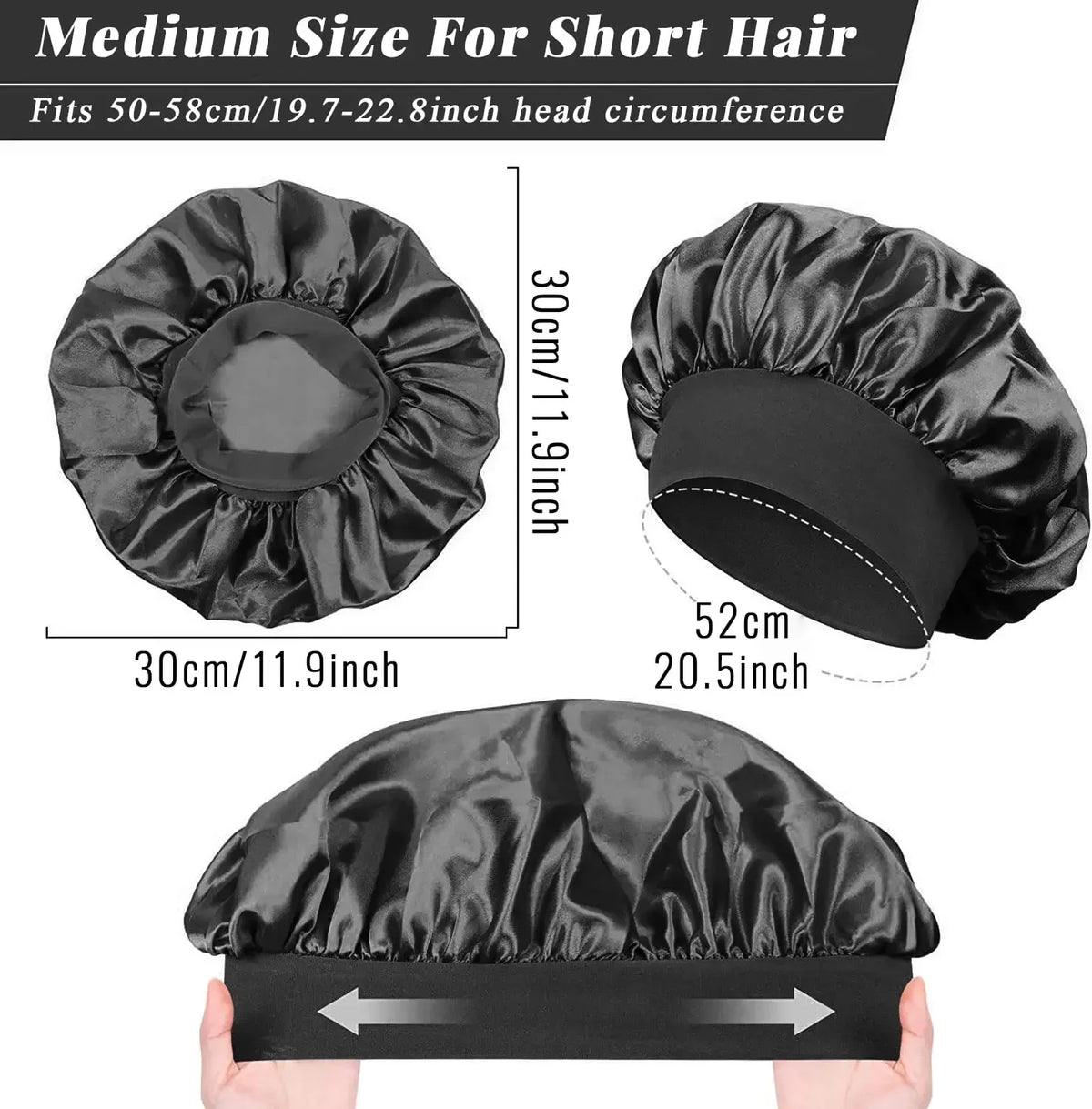 Schwarzer Satin-Haar-Bonnet mit zusammengebundener Oberseite und Gummiband in verschiedenen Ansichten.