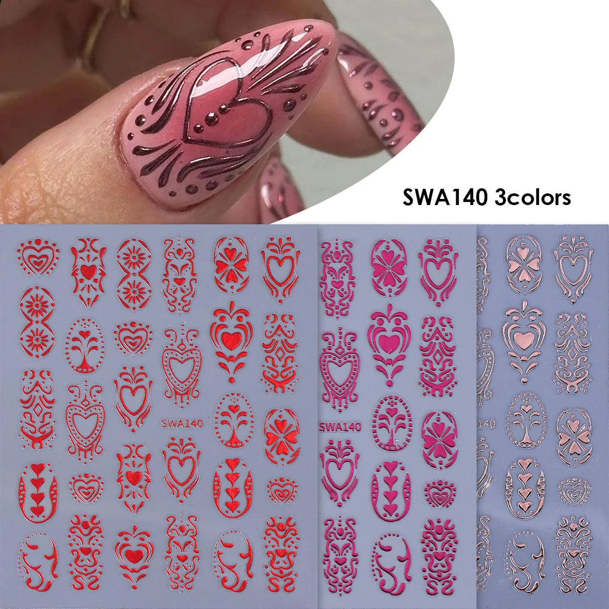 Feuille de décals de cœurs d'amour 3D rose et magenta pour manucure DIY