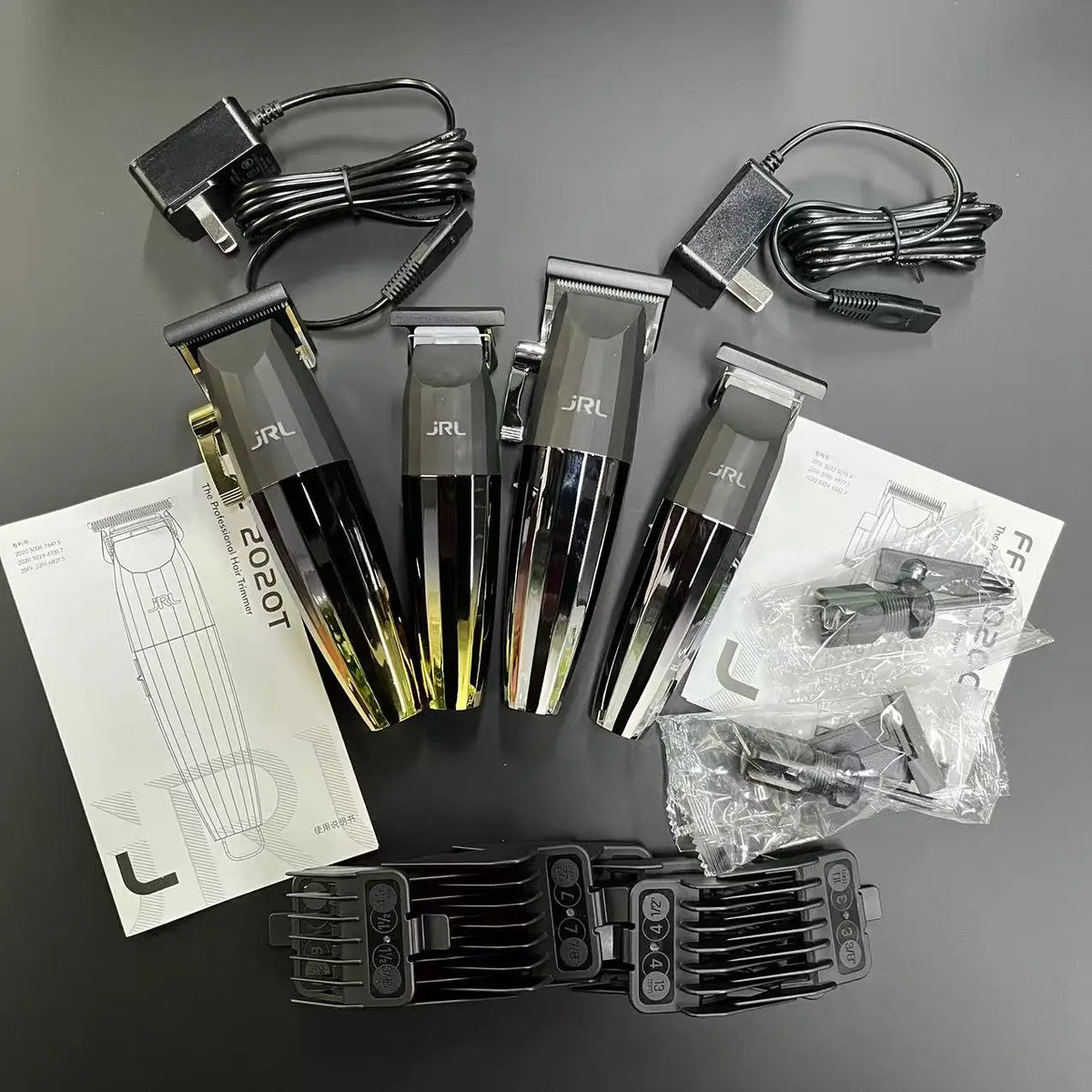 A professional electric hair trimmer kit showing various grooming tools and attachments.