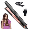 A professional ceramic flat iron hair straightener shown with accessories and a woman using it.