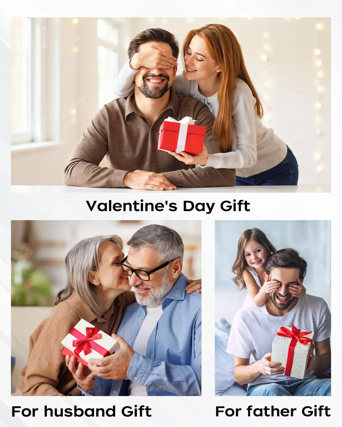 A woman gently covers a man's eyes while he smiles, suggesting a Valentine's Day gift for a husband.